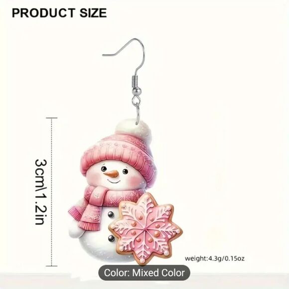 Christmas earrings snowflake snowman Pink dangle new e70 - Picture 2 of 3